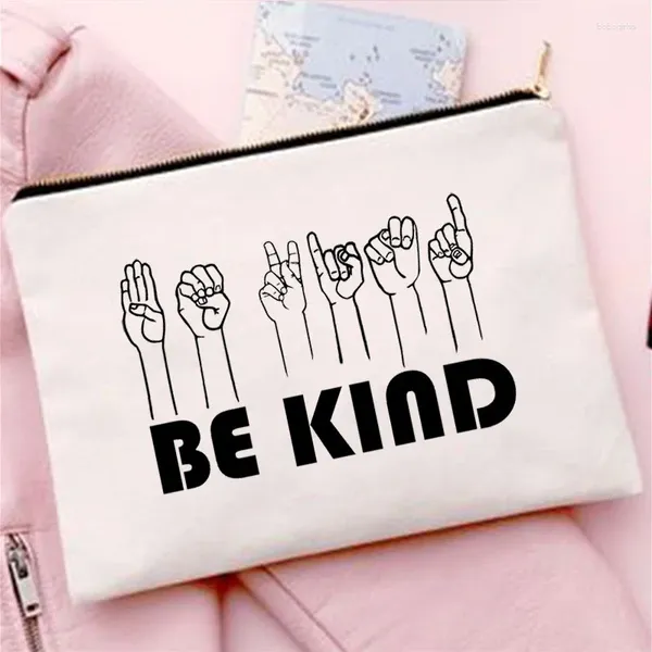 Bolsas de almacenamiento Lenguaje de señas Love Be Kind Cosmetic Bag Case de maquillaje Mujeres Organizador de viajes POUSO KIT DE LA LAVE DE LA LABOR