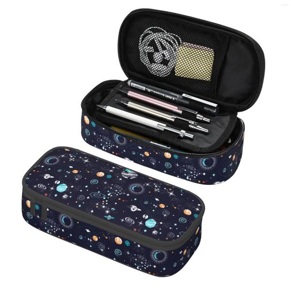 Sacs de rangement Space Planet Galaxy Print Sac à stylo à crayons de grande capacité avec des compartiments à fermeture éclair Organisateur de papeterie pour le bureau de voyage