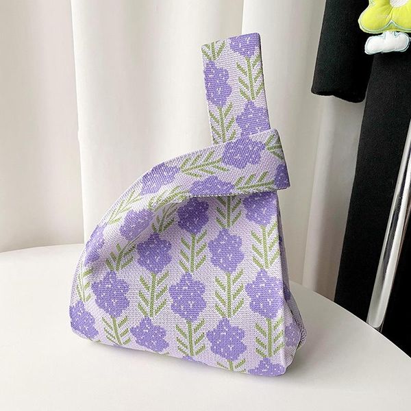 Bolsas de almacenamiento Diseño especial Bolso de punto Bolso superior Tote Flores de lavanda Pequeño vagabundo para niñas y mujeres