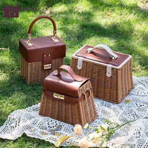 Sacs de rangement Spot rotin tissé cuir poignée boîte-cadeau pour mariage demoiselles d'honneur avec cadeaux valise pique-nique