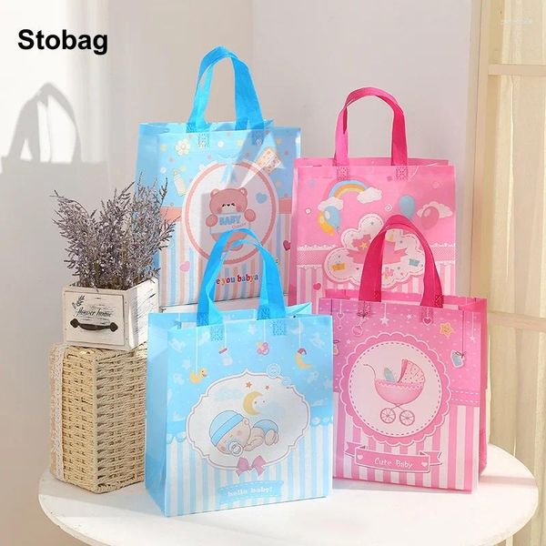 Bolsas de almacenamiento StoBag 4 unids Baby Shower Cumpleaños No tejido Tote Tela Paquete de regalo Niños Bolsa reutilizable impermeable Favores de fiesta