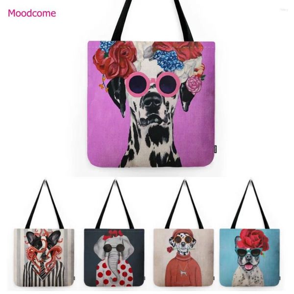 Bolsas de almacenamiento Súper lindo Cabeza floral Dálmata Cachorro Perro Arte divertido Resistente al agua Algodón Lino Shopper Bolsa Hombro Tote