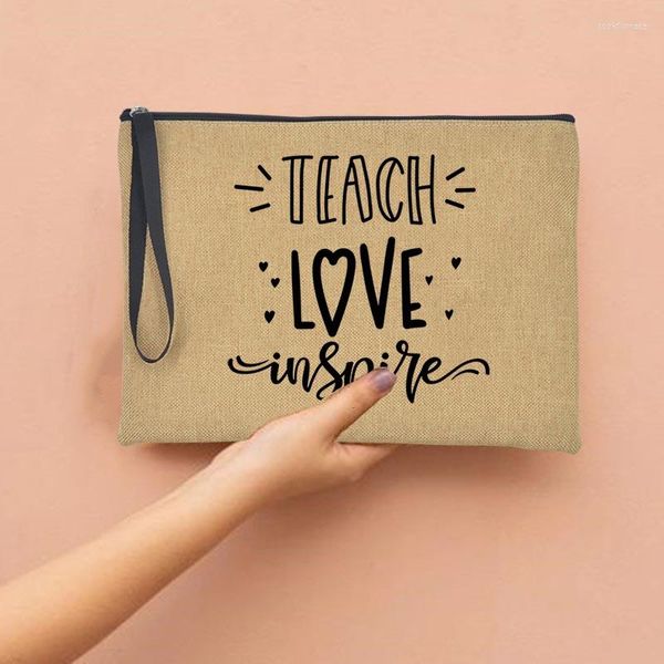 Bolsas de almacenamiento Teacher Love Inspire Cosméticos Estuche de maquillaje de viaje Monedero de compras Totes Monedero Bolsa de llaves Escuela Bolsa de lápices Regalos