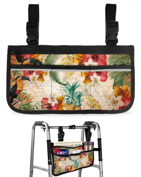 Bolsas de almacenamiento Tucán Flor Fruta Piña Mapa Bolsa de silla de ruedas con bolsillos Apoyabrazos Lado Scooter eléctrico Bolsa de marco para caminar