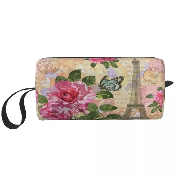 Bolsas de almacenamiento Viajes France Paris Eiffel Tower Bag Kawaii Flower Rosa Magno Cosmético Organizador de mujeres Beauty Dopp Kit