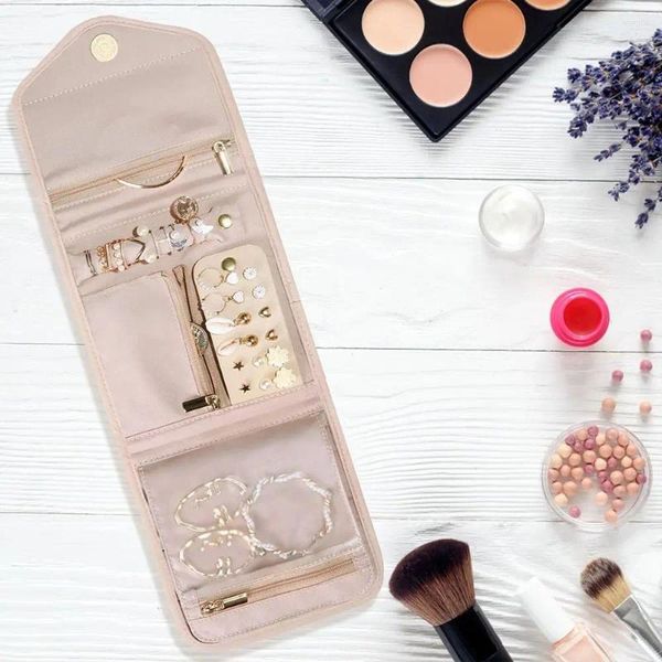 Sacs de rangement Organisateur de bijoux de voyage Roll Rold Pliable Mini Case Sac avec poche à fermeture éclair pour les femmes Cosmetic Nail Makeup Brush Box