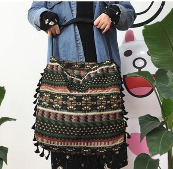 Bolsos de almacenamiento Vintage bohemio flecos bolso de hombro mujer borla Boho Hippie Gypsy flecos bolsos de mujer lona abierta para