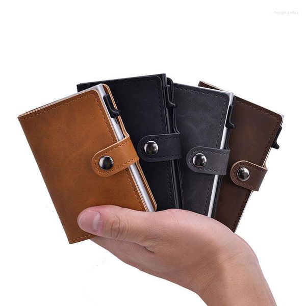 Bolsas de almacenamiento, billetera Vintage para hombre, tarjetero de identificación, monedero automático de cuero y Metal para hombre, Snap 2023