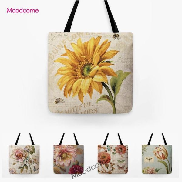 Sacs de rangement Vintage tournesol pivoine hortensia printemps fleur peinture à l'huile Art mode sac à bandoulière grande taille étanche Floral Shopping