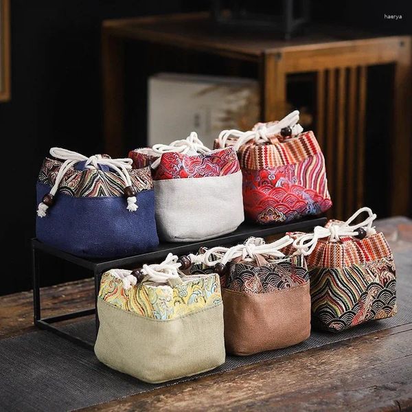 Bolsas de almacenamiento Bolsa de té vintage Viajes al aire libre Tazas de té de cerámica Algodón y lino Tela con cordón Accesorios para el té