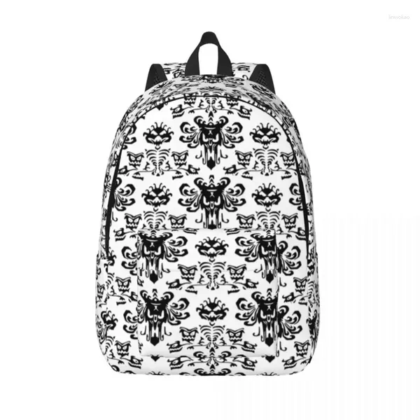 Bolsas de almacenamiento Mochilas de lona de mansión encantada blanca para hombres, mujeres, escuela, universidad, estudiante, mochila para computadora portátil de 15 pulgadas, mueca de Halloween