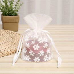 Sacs de rangement Blanc Transparent Mesh Sac Cordon Poche Petite Fleur Brodée Bijoux Objet