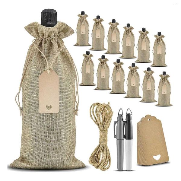 Bolsas de almacenamiento Regalo de vino de 12 Pack Burlap con etiquetas y cuerda para botellas Regalos Bolsa de lienzo a granel