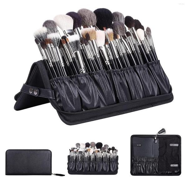 Sacs de rangement femmes 29 trous cuir PU noir pliable maquillage brosse Portable voyage fermeture éclair organisateur beauté cosmétique outils lavage