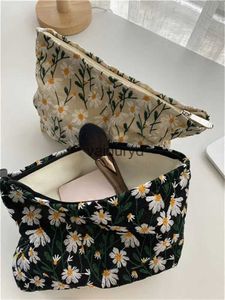 Sacs de rangement Femmes sac cosmétique pochette broderie marguerite florale coréen voyage trousse de toilette toile beauté maquillage pochette organisateur crayon Casevaiduryd