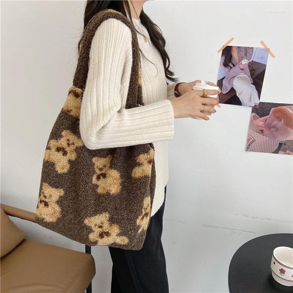 Bolsas de almacenamiento Mujeres Cordero como Tela Hombro Tote Bolsa Lienzo Mullido Piel Oso Bolsos Gran Capacidad Suave Compras Chicas Linda Escuela