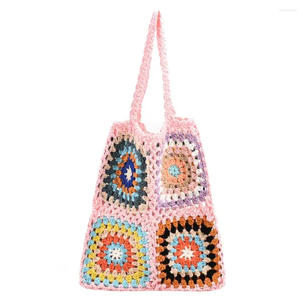 Sacs de rangement Femmes Sac en tricot réseau ethnique Fleur Crochet Bohemian Soft Hollow Out Colorful Woven pour les filles