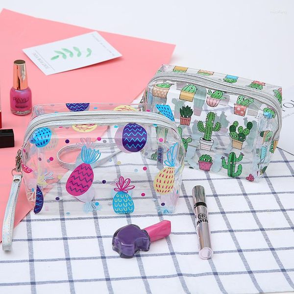 Bolsas de almacenamiento para mujer, neceser transparente de viaje para cosméticos, neceser de PVC con flamencos y Cactus, estuche con cremallera, organizador de lavado de playa bonito