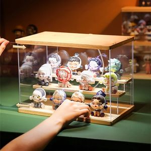 Opbergzakken Houten Display Box met Licht Beeldje Acryl Cartoon Pop Organizer Houder Beeldjes Case voor POP MART Verzamelen 230625