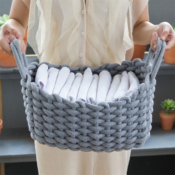 Panier de rangement Linge Crochet Panier à linge à la main Tissu naturel Jouets pour bébés Vêtements pour enfants Organisateur pliable de bureau T200602