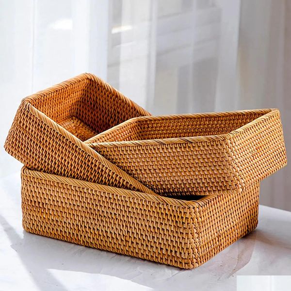 Paniers de rangement 3 tailles Rectangar Rootan Root Woven Nesting Wicker For Decor Fruit Bray and Snack Box 240125 Drop Livrot Dhndg Dhndg