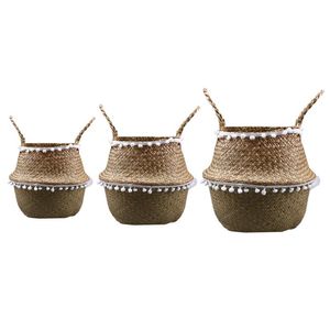 Opbergmanden 3 stks rieten vouwen wasmand met kralen rattan zeegras buikplant container tuin tuin bloem pot decor