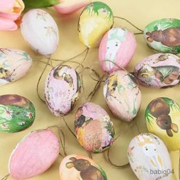 Cestas de almacenamiento 6 piezas de huevos de Pascua coloridos, conejo de dibujos animados, huevo pintado con cesta tejida, adorno colgante de conejito, decoración del hogar para fiesta de Pascua feliz para niños