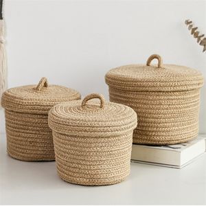 Paniers De Rangement Cosmétiques Boîte De Rangement Jute Tissé Panier De Table Clé Télécommande Conteneur Snack Cas Avec Couvercle Organisateur ECO Friendly 220912