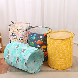 Storage Baskets Cotton Linen Dirty Laundry Basket Foldable Round Waterproof Organizer Bucket Clothing Children Toy Large Capacity Home 230510