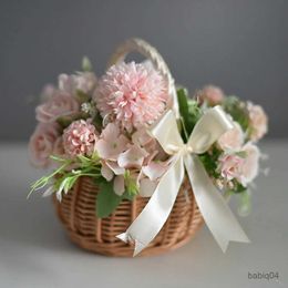 Paniers de rangement Panier de fleurs en rotin tissé à la main pour la cérémonie de mariage, panier de rangement avec dentelle, panier de rangement de pique-nique en toile de jute avec nœud papillon