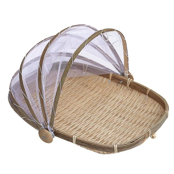 Paniers de rangement en bambou tissé à la main, pour aliments, fruits, anti-mouches, filet anti-insectes, couverture en maille, panier de tente, conteneur divers, plateau de cuisine