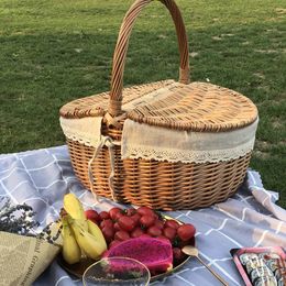 Opslagmanden Handgemaakte grote rieten picknickmand met handvat dubbele deksel camping wilg weven hamper buiten fruithouder 221118