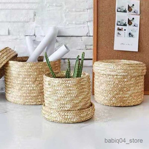 Paniers De Rangement À La Main En Paille Tissé Panier De Rangement Avec Couvercle Snack Organisateur Boîte De Rangement Paniers À Linge Rotin Stockage Fleur Organisateur Panier R230726