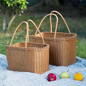 Paniers De Rangement Panier Tissé À La Main En Plein Air Pique-Nique Rotin Cuisine Fruits Légumes Pain Shopping Organisateur De Bain avec Poignée 230613