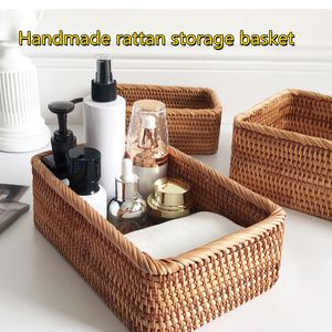 Storage Baskets Handwoven Rattan Wicker Basket Fruit Tea Snack Bread Cosmetic Rectangular Box Household Kitchen Supplies 230613