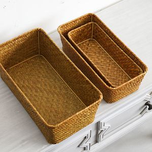 Opslagmanden Handweven rieten opbergmand rechthoekige mand Home Badkamer Organisator Rattan Opbergdozen Desktop Make -up Organizer Box 230310