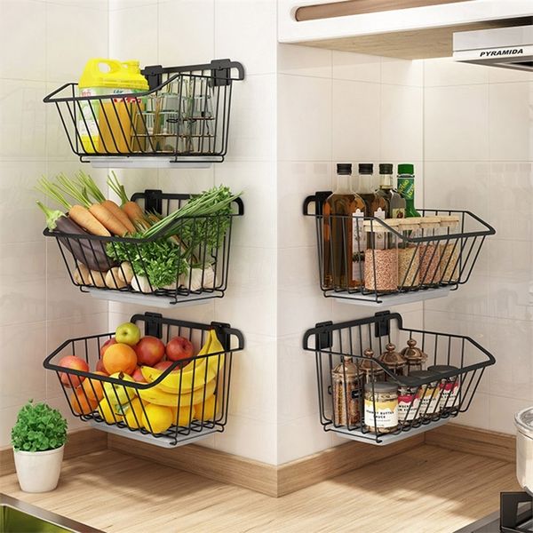 Cestas de almacenamiento Cesta de almacenamiento de cocina, organizador de almacenamiento de drenaje de frutas y verduras de acero inoxidable, estante para especias montado en la pared, estante para platos, herramienta de cocina 220912