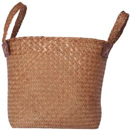 Opslagmanden natuurlijke ronde stro mand bin handgemaakt met handgrip oranje 33x21x26cm 230310