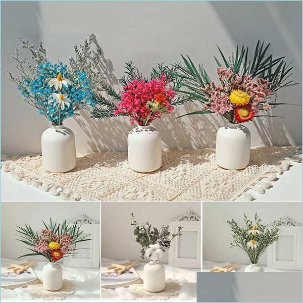 Paniers de stockage nouvellement Gypsophila Bouquet de fleurs séchées avec vase en porcelaine Fleurs Branches Tiges Verdure Décor Drop Del Homeindustry Dh3Pd