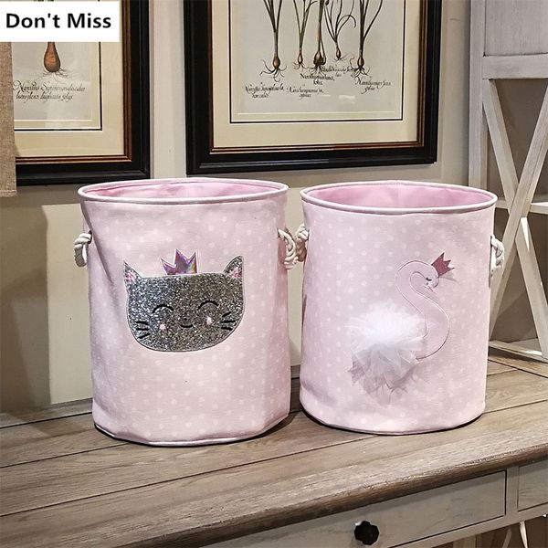 Cestas de almacenamiento Cesta de lavandería plegable de color rosa para ropa sucia Gato de dibujos animados Cisne Juguetes para niños Bolsa contenedor 230719