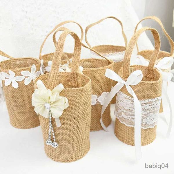 Paniers de rangement Panier de fleurs en toile de jute en dentelle de mariage, poignée en lin, décoration de table de mariage de pays Vintage, sac cadeau de bonbons pour fête prénatale