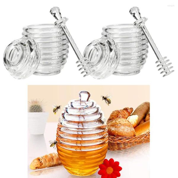 Bouteilles de stockage 1/2 pièces 265ML Pot de miel Pot Transparent bouteille de récipient en verre avec tige d'agitation et couvercle scellé cuisine