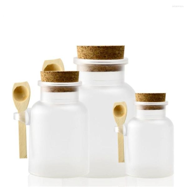 Bouteilles de stockage 1 pièces 100/200/300/500g bouteille de sel de bain vide en plastique mat liège pot femmes conteneur rechargeable avec cuillère en bois
