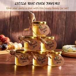 Botellas de almacenamiento 10/20 piezas 1,5 oz Mini tarros de miel Favores de fiesta Pequeños Dippers Tapas de oro Abeja Encantos Etiquetas Yute Twine Lindo regalo para llevar