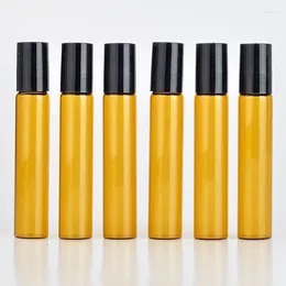 Bouteilles de rangement 10 ml rouleau sur le verre ambre portable parfum rechargeable Échantillon d'huile essentielle vide avec capuchon en plastique en gros de 100pcs / lot