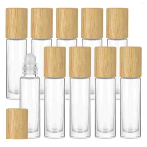Opslagflessen 10 stuks Bamboe Cover Essentiële Olie Parfumflesje Reizen Glas Hervulbare Rollerball