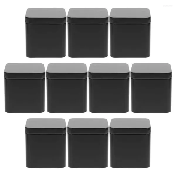 Bouteilles de stockage 10 pcs Cookie Jar Tinplate Petit carré portable en métal peut ensemble 10pcs (noir) feuilles de thé boîtes de bonbons de mariage en vrac avec couvercles