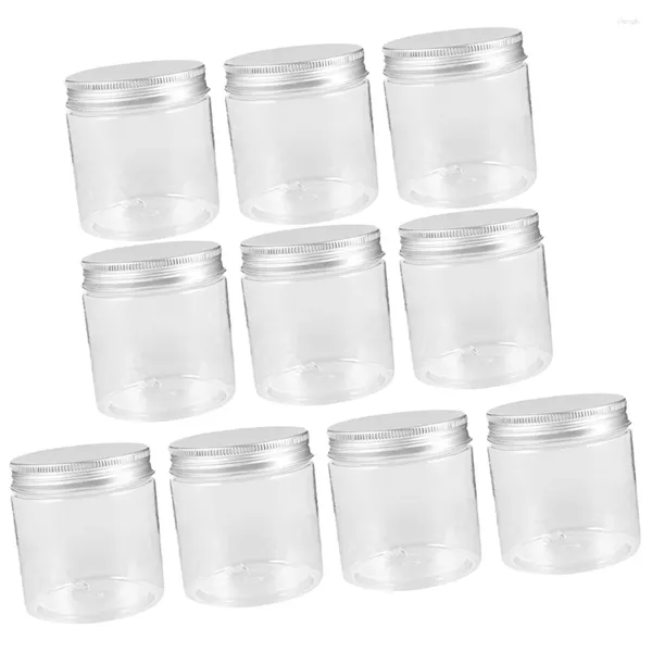 Botellas de almacenamiento 10 PCS Mermelada 250 ml Mini Tapa de aluminio de plata transparente Juego de tarros de plástico transparente Sellado de frutas pequeñas Miel