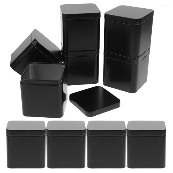 Botellas de almacenamiento 10 PCS Hojalata Pequeño Cuadrado Portátil Metal Can Set 10pcs (Negro) Cajas de regalo de tarro Latas de té Hierro de caramelo con tapas