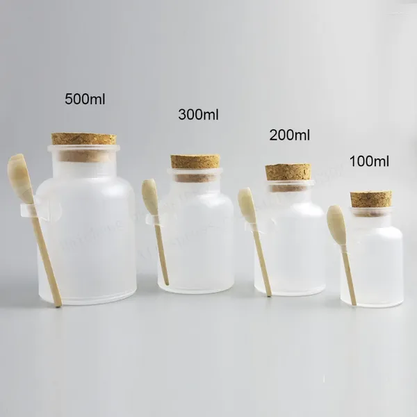 Bouteilles de rangement 100 x vide 100g 200g 300g 500g Abs Abs Plastique Boutien de sel de sel de 200 ml Poudre avec cuillère en bois de pot en liège